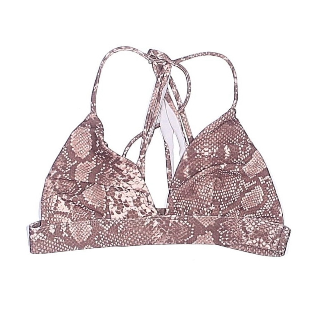 ACACIA Swimwear Brown Snake skin Print fixed strappy Triangle Bikini Top Benoa S